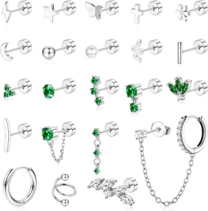 Small Gold Flat Back Earrings for Women Stainless Steel 20G Cartilage Stud Earrings Set for Multiple Piercing Butterfly Green CZ Flatback Earrings Helix Tragus Conch Piercing Jewelry