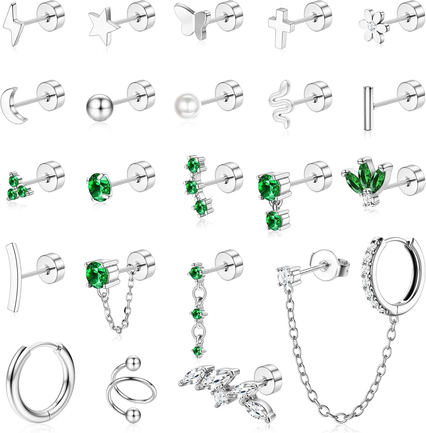 Small Gold Flat Back Earrings for Women Stainless Steel 20G Cartilage Stud Earrings Set for Multiple Piercing Butterfly Green CZ Flatback Earrings Helix Tragus Conch Piercing Jewelry