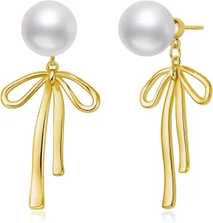 Small Gold Silver Pearl Bow Earrings for Women Trendy 925 Sterling Silver Post Dainty 14k Gold Plated Bow Dangle Earrings for Women