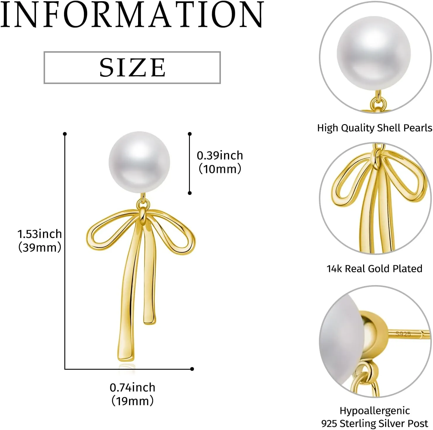 Small Gold Silver Pearl Bow Earrings for Women Trendy 925 Sterling Silver Post Dainty 14k Gold Plated Bow Dangle Earrings for Women
