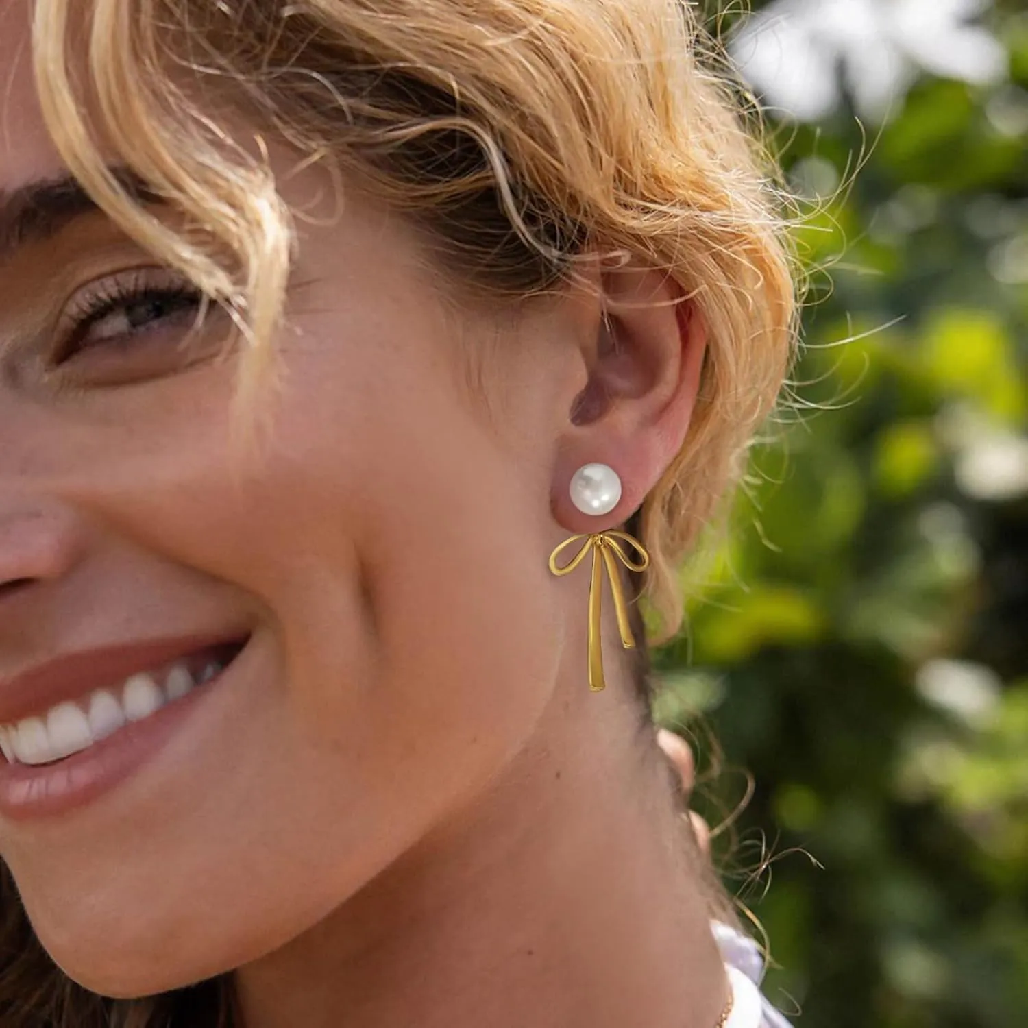 Small Gold Silver Pearl Bow Earrings for Women Trendy 925 Sterling Silver Post Dainty 14k Gold Plated Bow Dangle Earrings for Women