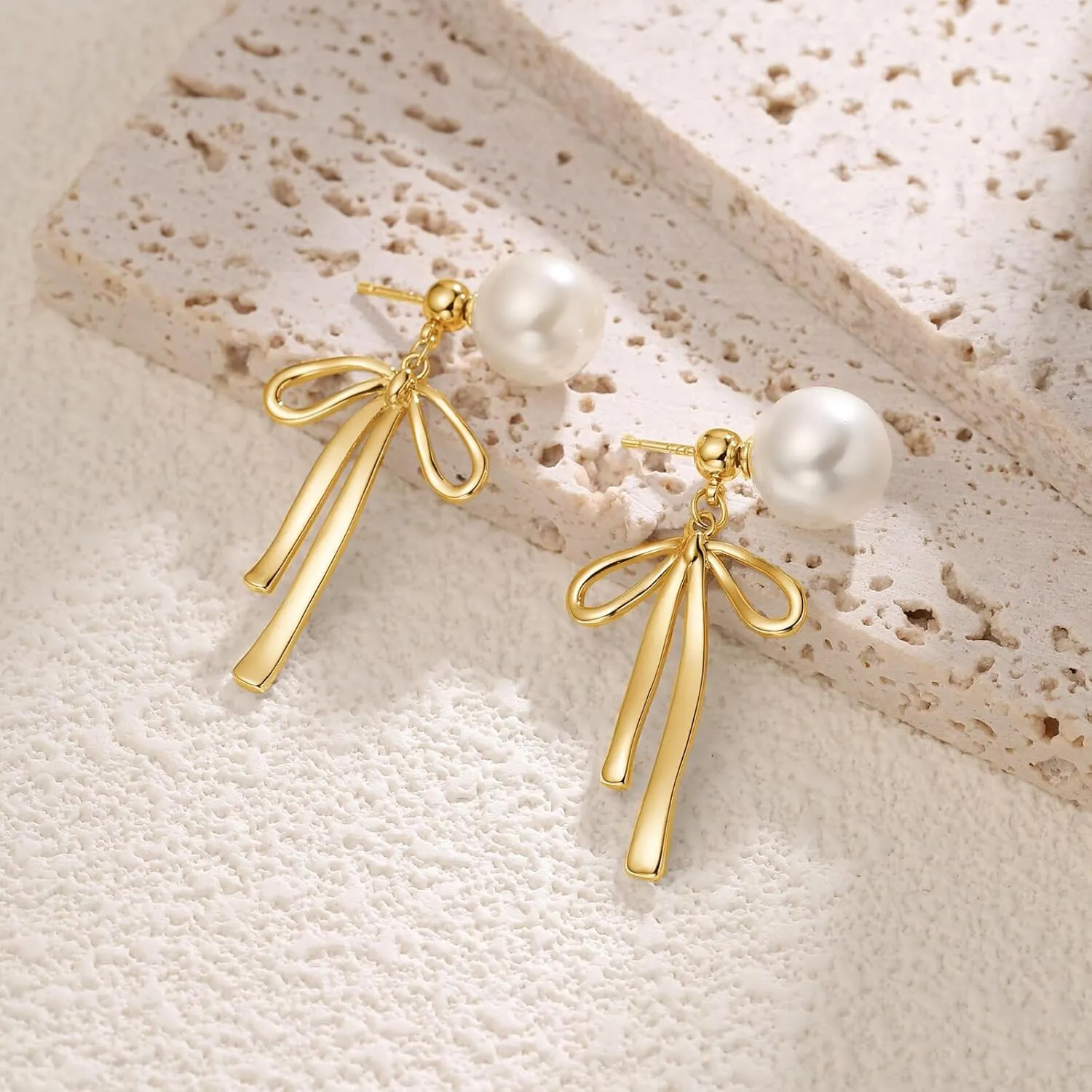 Small Gold Silver Pearl Bow Earrings for Women Trendy 925 Sterling Silver Post Dainty 14k Gold Plated Bow Dangle Earrings for Women