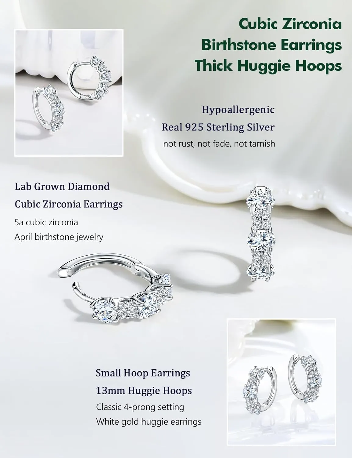 Small Hoop Earrings for Women Hypoallergenic 925 Sterling Silver 13.5mm Thick Huggie Earrings Hoops Created Gemstone Diamond Birthstone Wedding Earrings