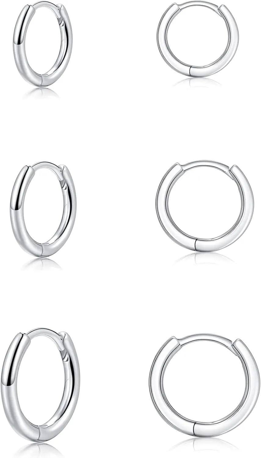 Small Silver Hoop Earrings, Sterling Silver Hoop Earrings For Women Hypoallergenic Earrings Tiny Huggie Hoop Silver Earrings Set For Men 3 Pairs