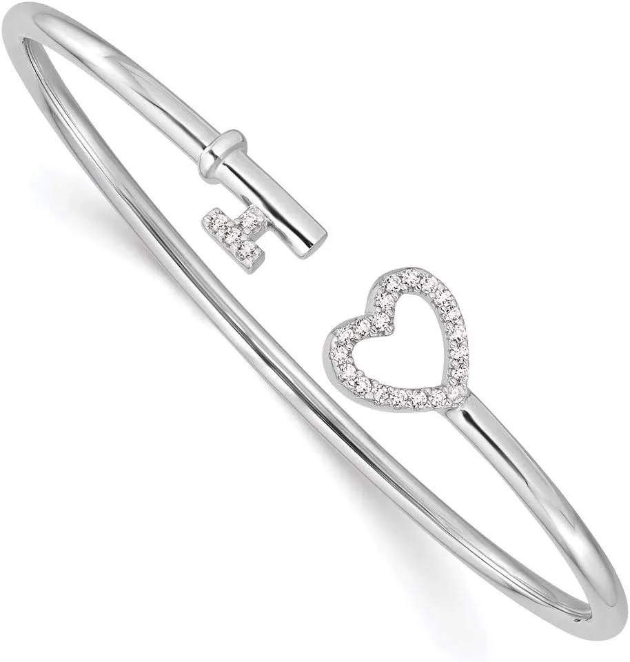 Solid 925 Sterling Silver CZ Cubic Zirconia Heart and Key Flexible Bangle Cuff Bracelet (Width = 2mm)