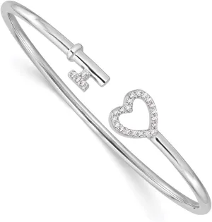 Solid 925 Sterling Silver CZ Cubic Zirconia Heart and Key Flexible Bangle Cuff Bracelet (Width = 2mm)