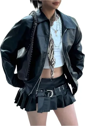 SOLY HUX Women's PU Leather Zip Up Jacket Motorcycle Baggy Bomber Coats Winter Clothes