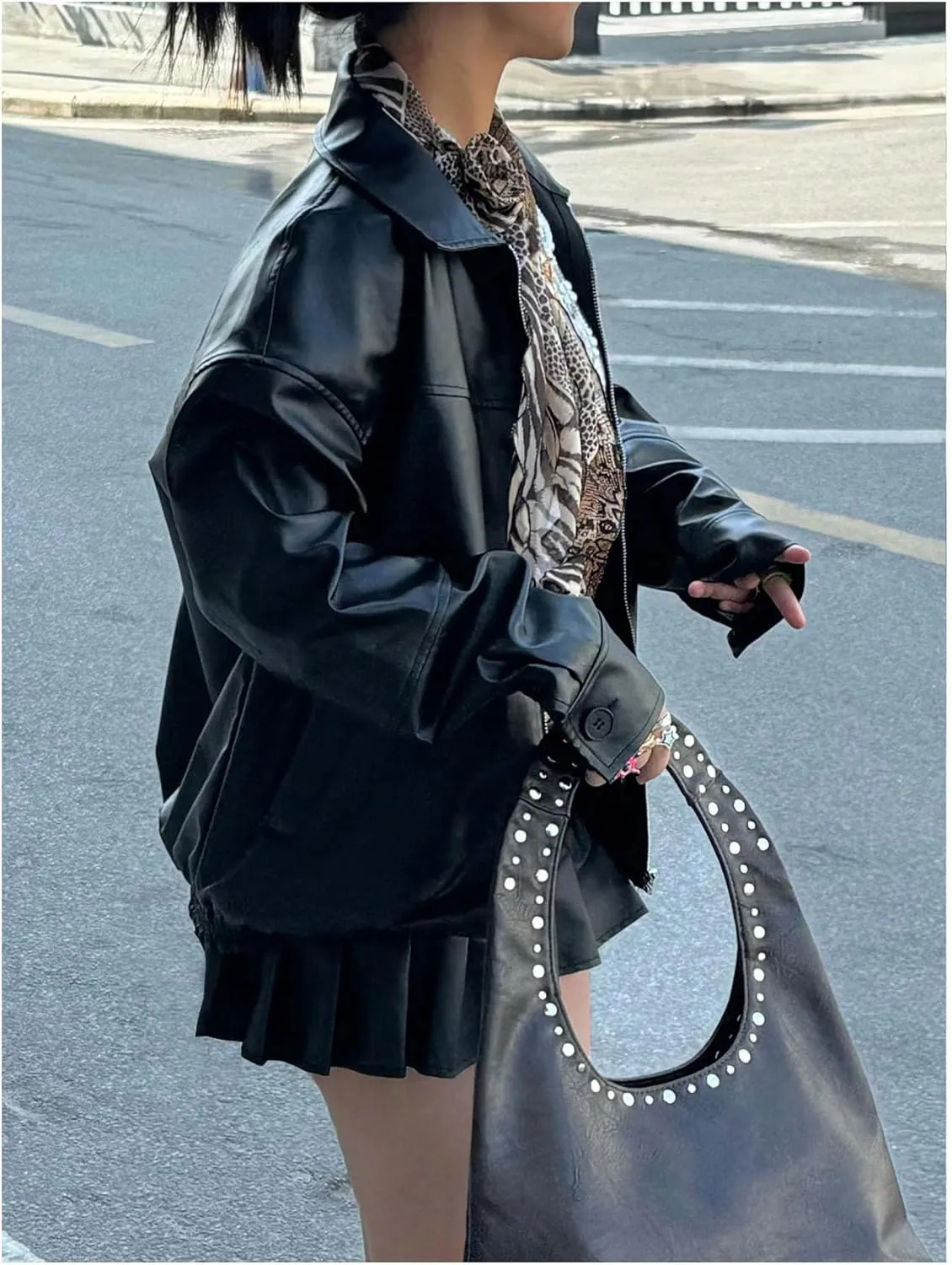 SOLY HUX Women's PU Leather Zip Up Jacket Motorcycle Baggy Bomber Coats Winter Clothes