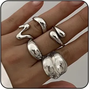 Sora Tuki Chunky Gold Rings Set for Women Trendy Ring Chunky Silver Rings for Women Big Chunky Rings Thick Rings Gold Statement Rings for Women Fashion Rings Chunky Gold Jewelry Dome Silver Rings Set