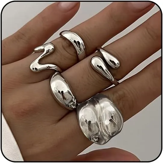 Sora Tuki Chunky Gold Rings Set for Women Trendy Ring Chunky Silver Rings for Women Big Chunky Rings Thick Rings Gold Statement Rings for Women Fashion Rings Chunky Gold Jewelry Dome Silver Rings Set