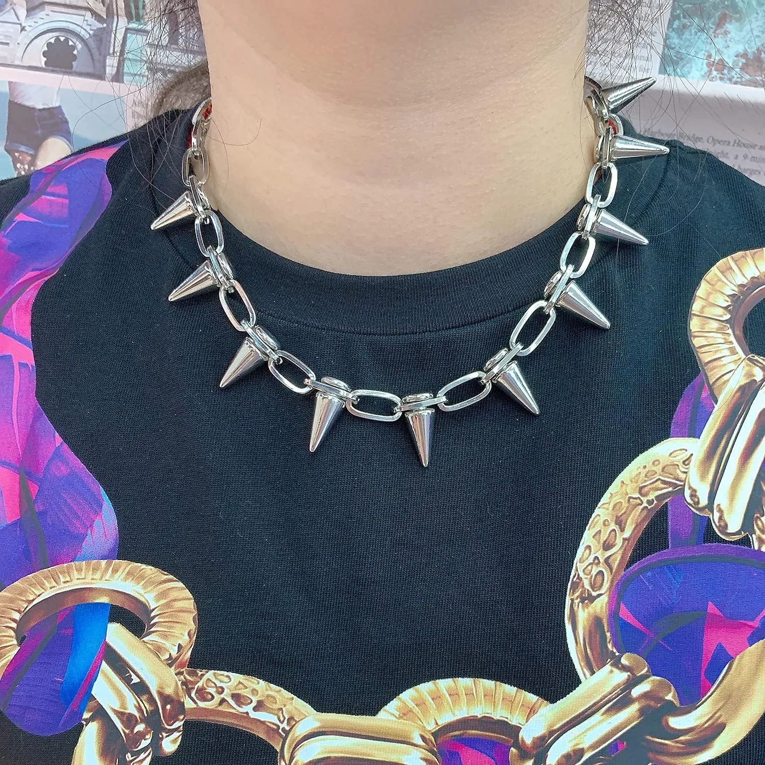 Spike Necklace Spike Choker Rivet Goth Necklaces Chokers with Spikes and Chain Streetwear Vintage Punk Necklace for Women Men