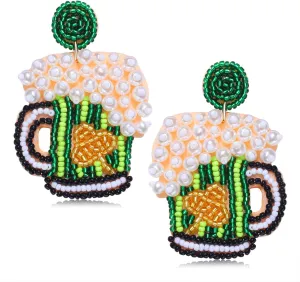 St Patricks Day Earrings Dangling Beaded Green Shamrock Earrings Handmade Lucky Clover Beer Glass Leprechaun Teardrop Drop Dangle Earrings Funny Irish Holiday Jewelry Gift for Women