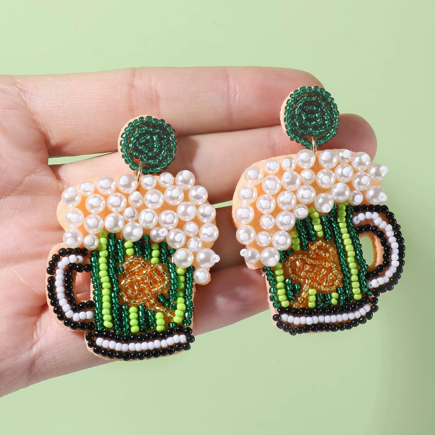 St Patricks Day Earrings Dangling Beaded Green Shamrock Earrings Handmade Lucky Clover Beer Glass Leprechaun Teardrop Drop Dangle Earrings Funny Irish Holiday Jewelry Gift for Women