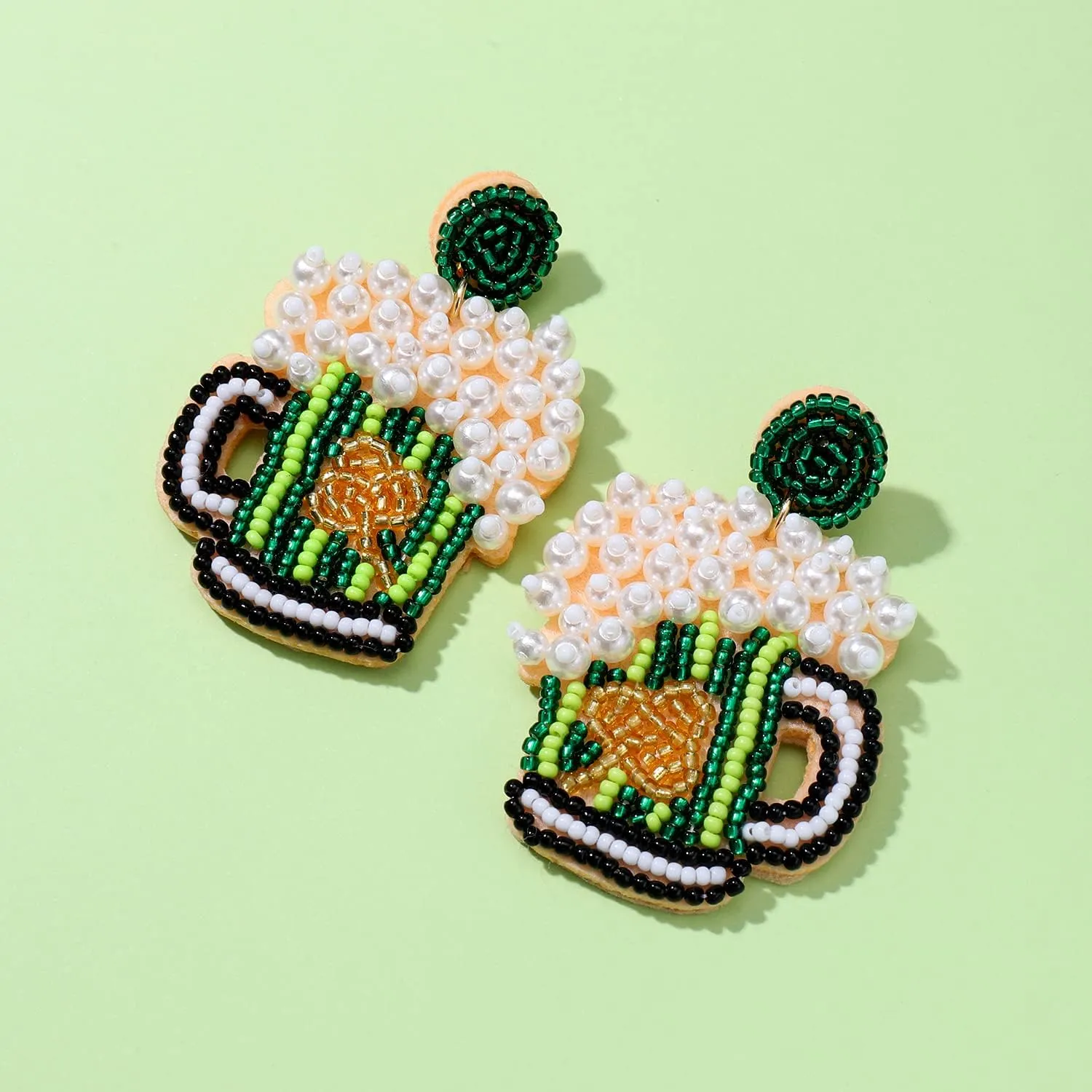 St Patricks Day Earrings Dangling Beaded Green Shamrock Earrings Handmade Lucky Clover Beer Glass Leprechaun Teardrop Drop Dangle Earrings Funny Irish Holiday Jewelry Gift for Women