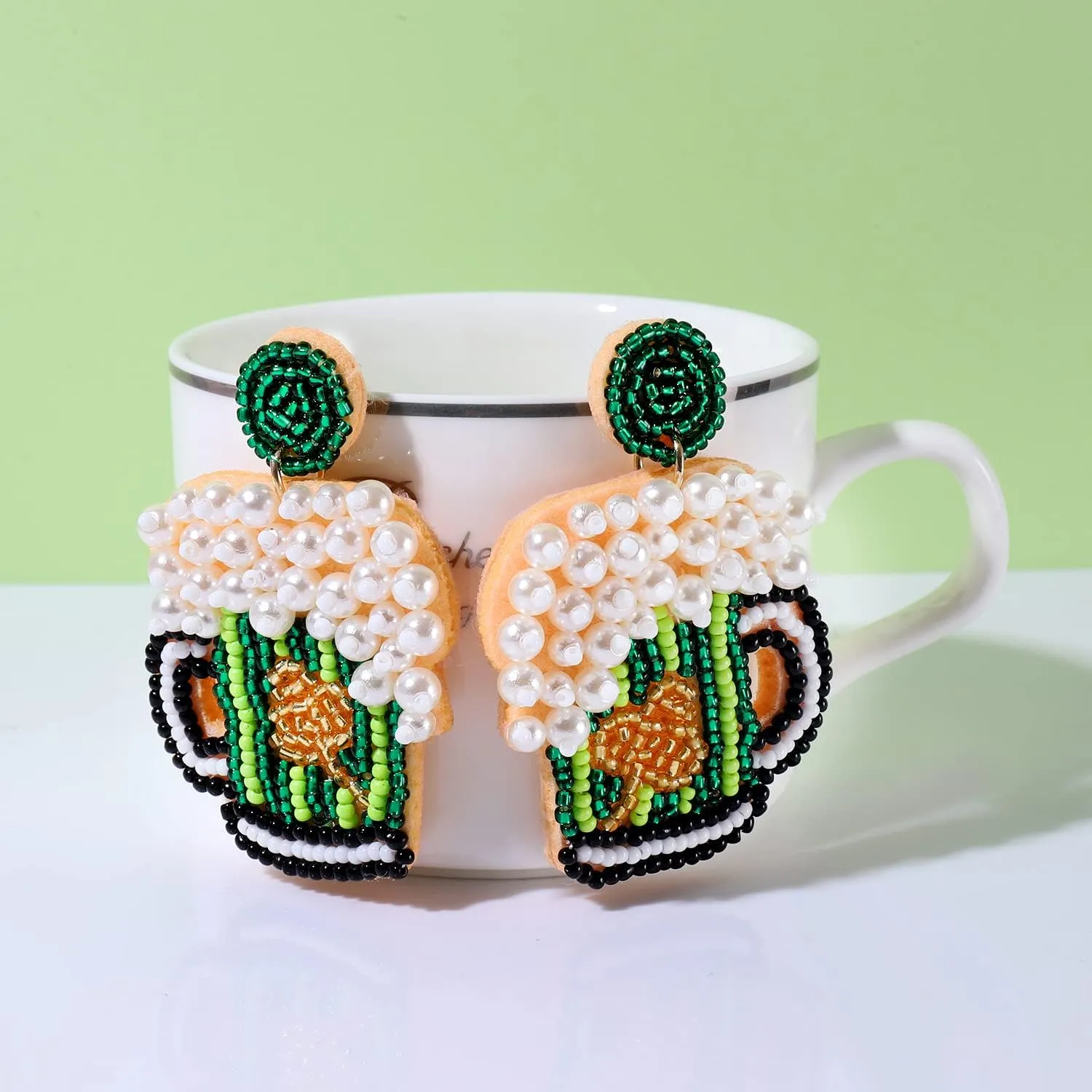 St Patricks Day Earrings Dangling Beaded Green Shamrock Earrings Handmade Lucky Clover Beer Glass Leprechaun Teardrop Drop Dangle Earrings Funny Irish Holiday Jewelry Gift for Women