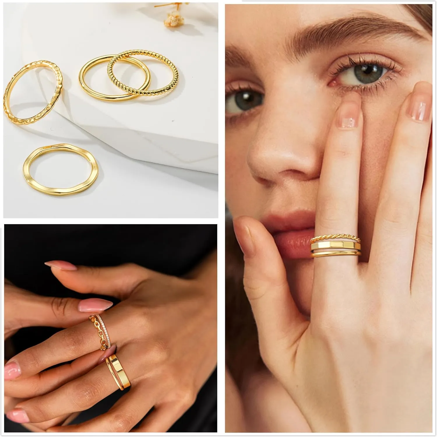 Stackable Gold Rings for Women Dainty 14K Gold Plated Thin Ring Set Non Tarnish Thumb Bands Gold Jewelry Gifts Statement Gold Knuckle Rings Size 6-11