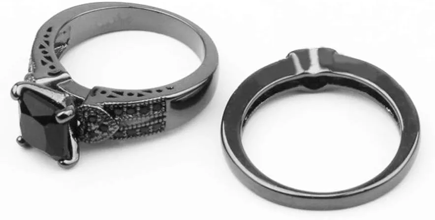 Stacking Ring for Women Black Princess Cut Cubic Zirconia Wedding Bridal Ring Set CZ Solitaire Engagement Ring