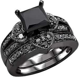 Stacking Ring for Women Black Princess Cut Cubic Zirconia Wedding Bridal Ring Set CZ Solitaire Engagement Ring
