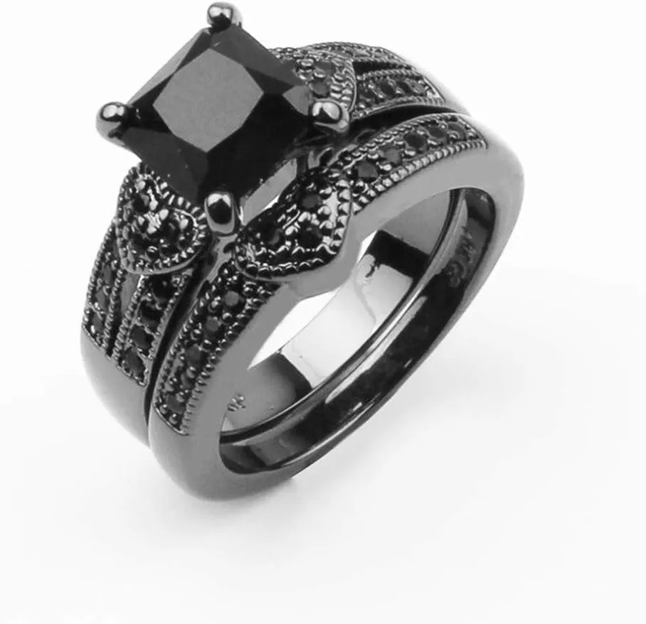 Stacking Ring for Women Black Princess Cut Cubic Zirconia Wedding Bridal Ring Set CZ Solitaire Engagement Ring
