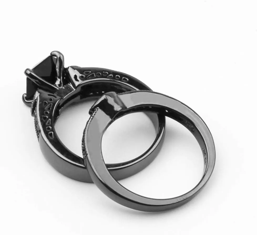 Stacking Ring for Women Black Princess Cut Cubic Zirconia Wedding Bridal Ring Set CZ Solitaire Engagement Ring