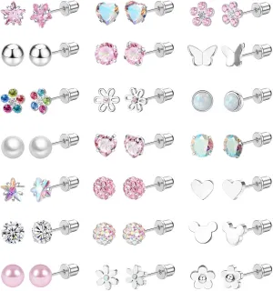 Staligue 8 & 21 Pairs Hypoallergenic Screw Back Earrings for Women  20G Surgical Steel Flat Back Studs with Heart, CZ, Pearl, Star & Ball Designs | Tiny Cartilage Jewelry Options