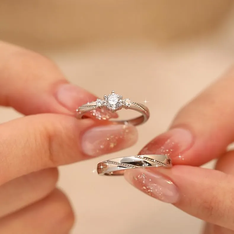 Sterling Silver Endless Love Matching Couple Rings for Him and Her Set, Adjustable S925 Silver Romantic Design Wedding Engagement Ring WuKong Ring