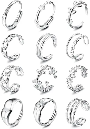 Subiceto 12Pcs Stainless Steel Rings for Women Silver Aesthetic Jewelry Rings Adjustable Open Stackable Rings Trendy Knuckle Thumb Finger Rings Size 6-9 Indie Rings