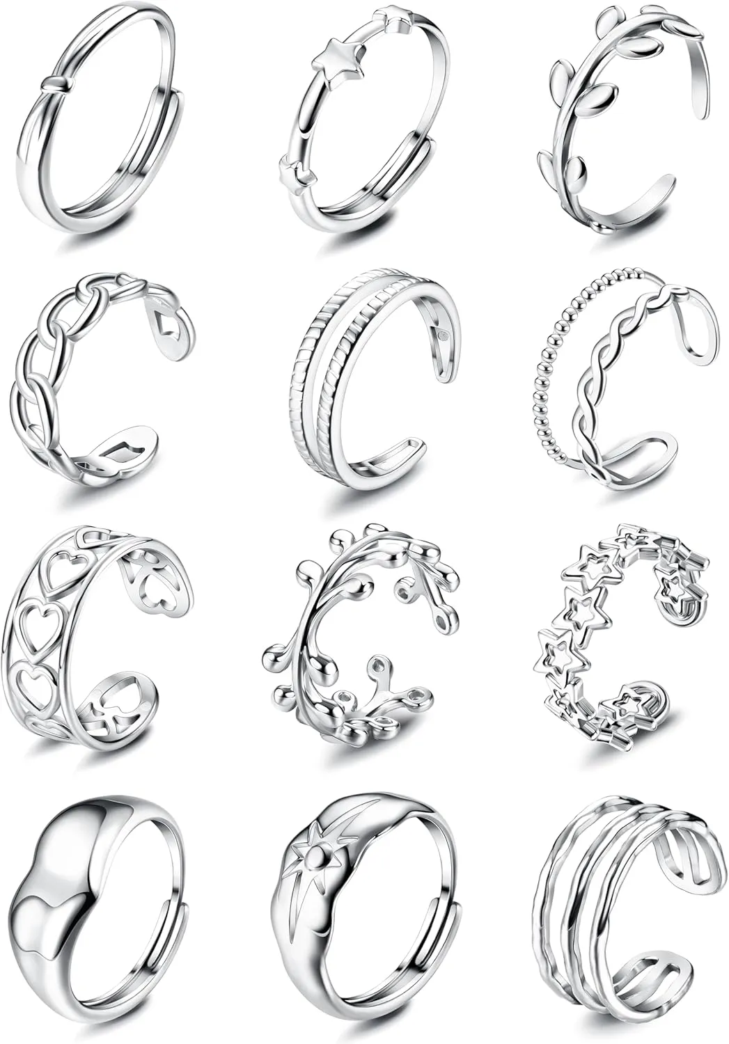 Subiceto 12Pcs Stainless Steel Rings for Women Silver Aesthetic Jewelry Rings Adjustable Open Stackable Rings Trendy Knuckle Thumb Finger Rings Size 6-9 Indie Rings