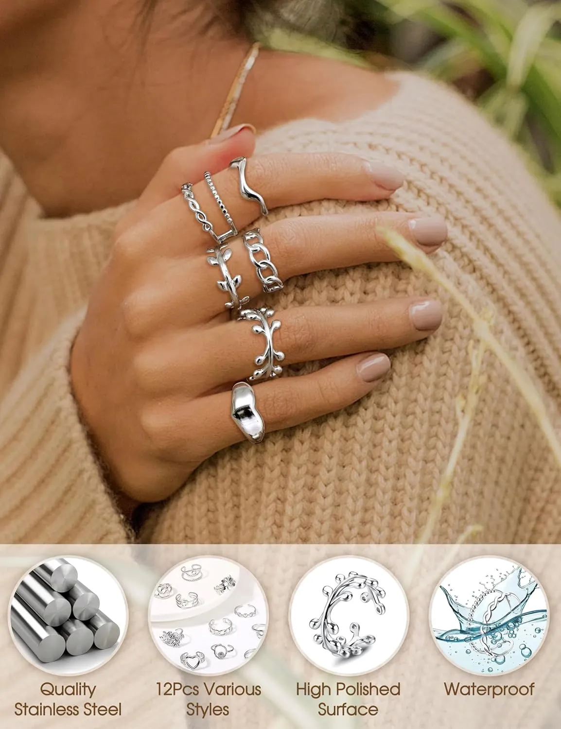 Subiceto 12Pcs Stainless Steel Rings for Women Silver Aesthetic Jewelry Rings Adjustable Open Stackable Rings Trendy Knuckle Thumb Finger Rings Size 6-9 Indie Rings