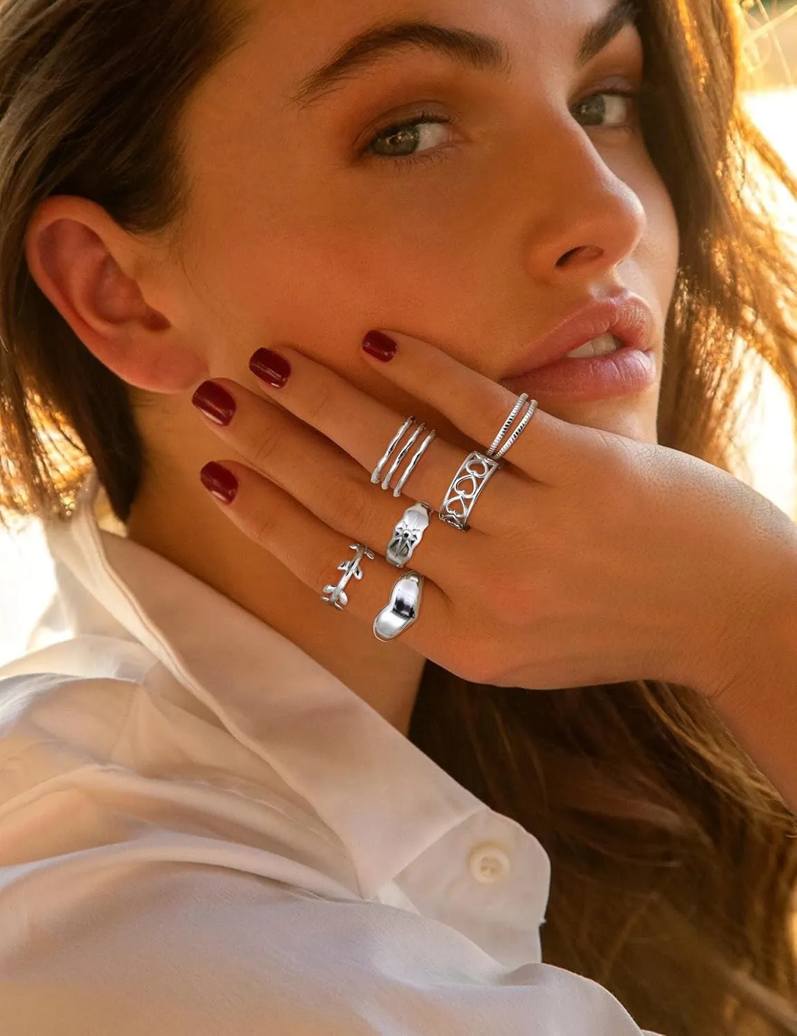Subiceto 12Pcs Stainless Steel Rings for Women Silver Aesthetic Jewelry Rings Adjustable Open Stackable Rings Trendy Knuckle Thumb Finger Rings Size 6-9 Indie Rings