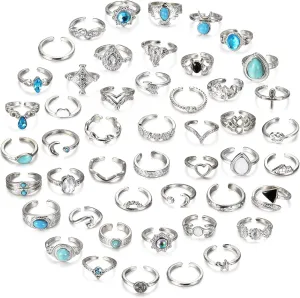 Subiceto 48Pcs Open Toe Rings Set for Women Men Adjustable Vintage Retro Knuckle Ring Bohemian Toe Finger Tail Ring Summer Beach Foot Jewelry Silver Gold