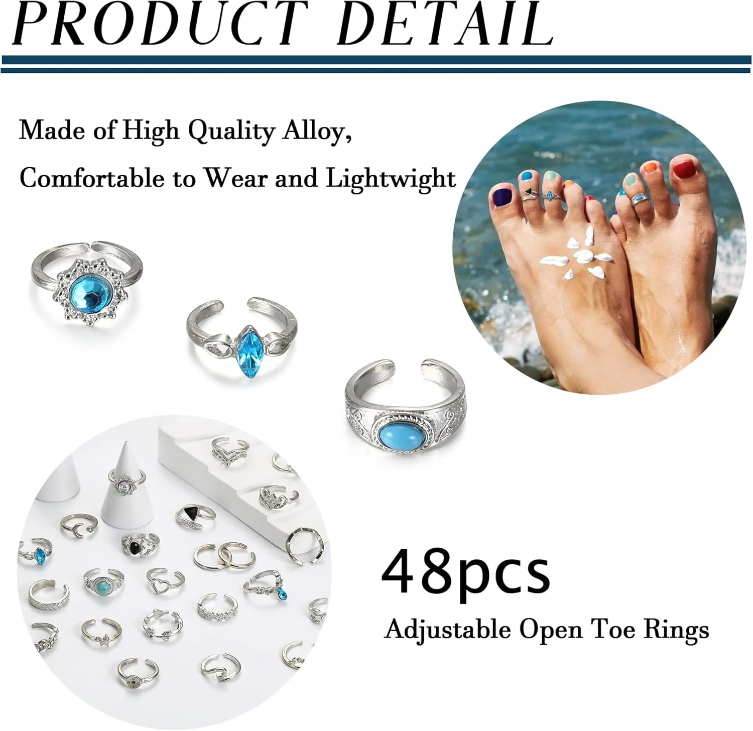 Subiceto 48Pcs Open Toe Rings Set for Women Men Adjustable Vintage Retro Knuckle Ring Bohemian Toe Finger Tail Ring Summer Beach Foot Jewelry Silver Gold