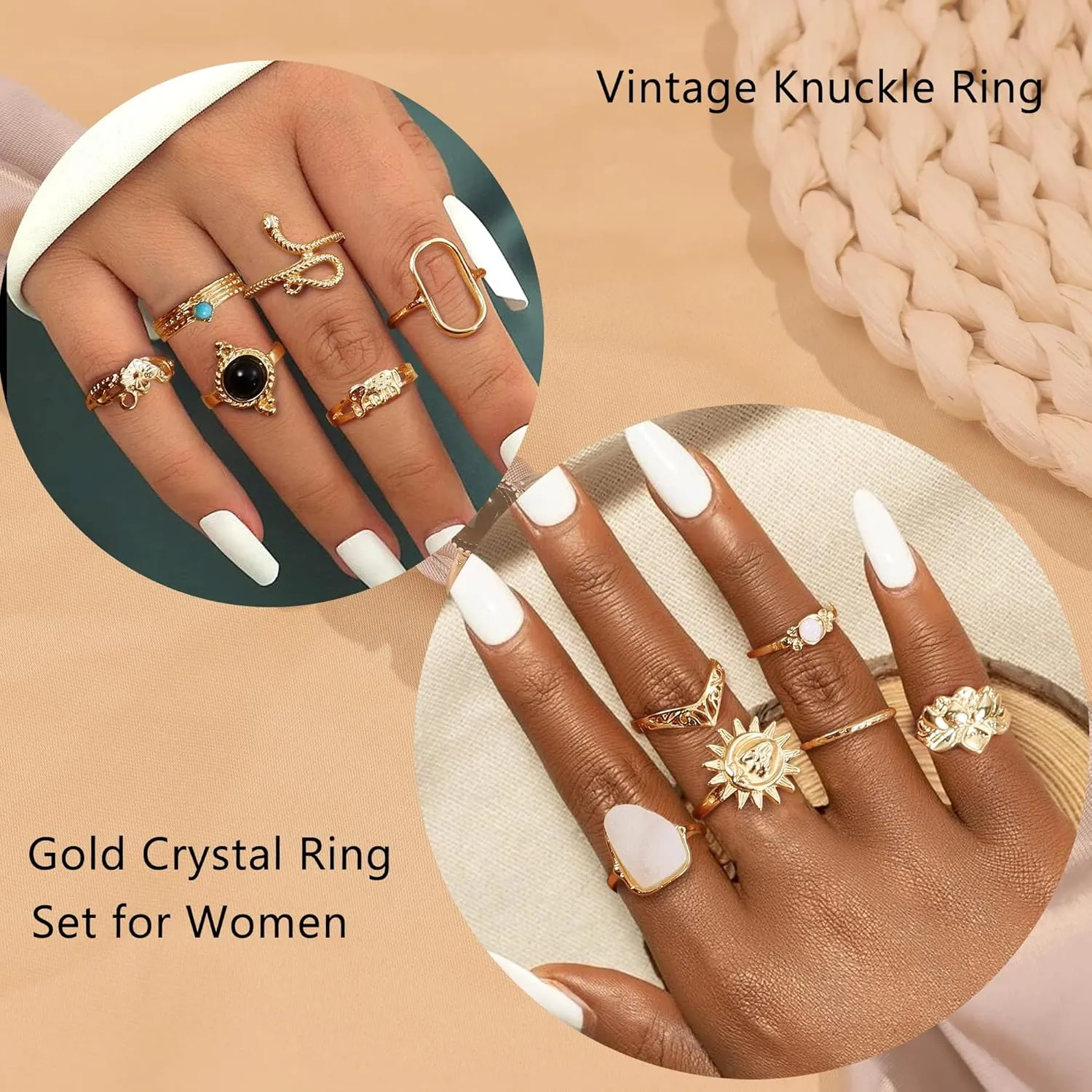 Subiceto 70 Pcs Vintage Crystal Ring Set Silver Knuckle Rings for Women Bohemian Stackable Joint Rings Retro Boho Stacking Joint Finger Rings Pack