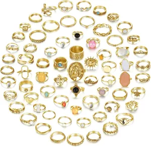 Subiceto 70 Pcs Vintage Crystal Ring Set Silver Knuckle Rings for Women Bohemian Stackable Joint Rings Retro Boho Stacking Joint Finger Rings Pack