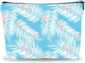 Summer Makeup Bag Gift, Palm Leaves & Flamingo - Tropical Blue Cosmetic Bag Gifts, Vacation Toiletry Bag, Besties, Coworkers Gift, Women Accessories - (A031)