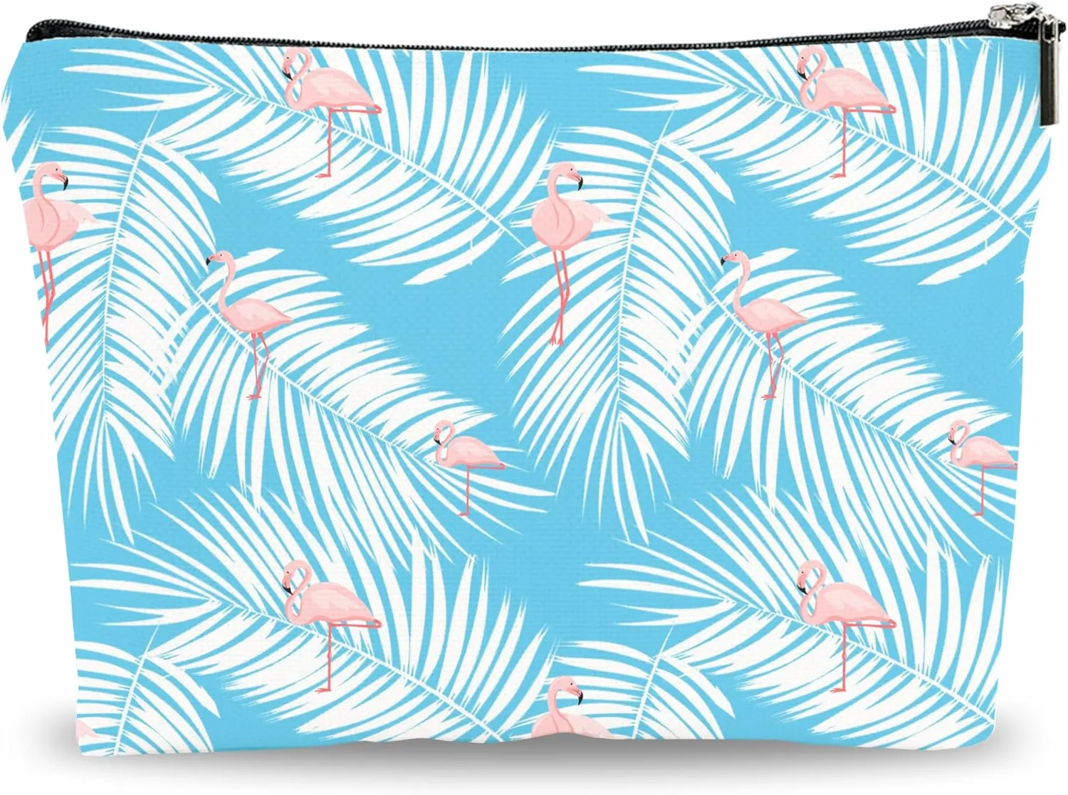 Summer Makeup Bag Gift, Palm Leaves & Flamingo - Tropical Blue Cosmetic Bag Gifts, Vacation Toiletry Bag, Besties, Coworkers Gift, Women Accessories - (A031)