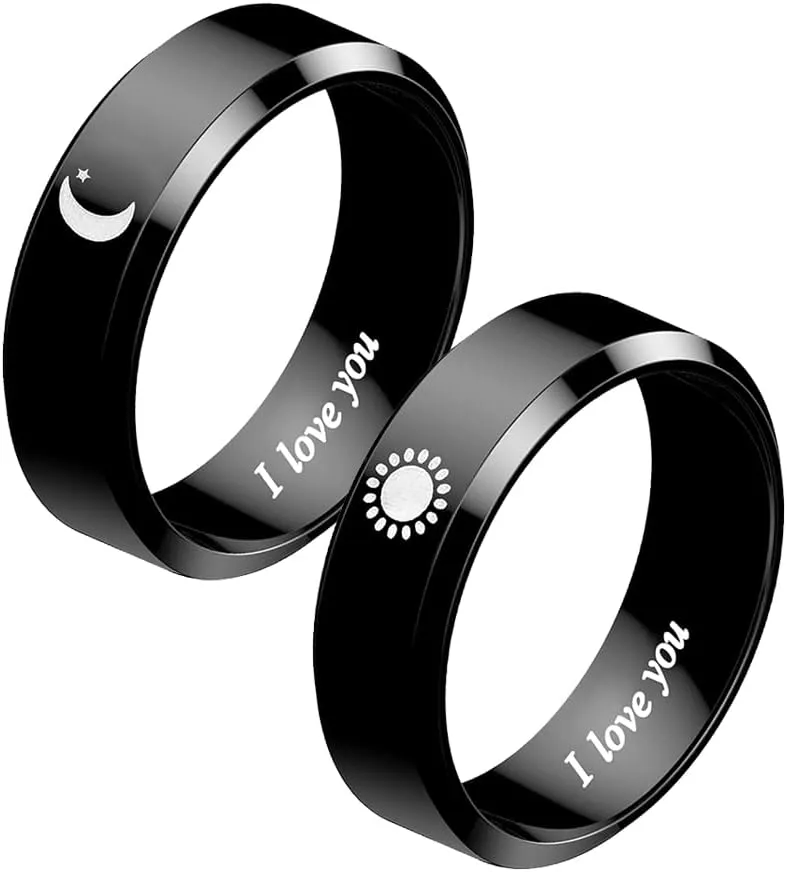 Sun and Moon Rings Matching Rings for Couples Personalized Rings Promise Couple Ring Customized Engagement Wedding Ring Band Sets for Him and Her Stainless Steel High Polished Comfort Fit