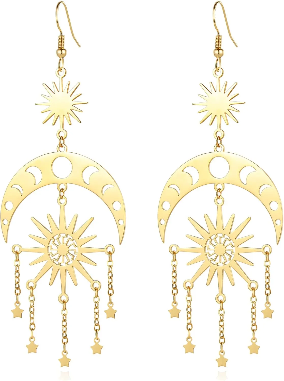 Sun and Moon Star Chandelier Earrings for Women Dangle Dangly Earrings Phase Crescent Drop Dangling Earrings Stainless Steel Jewelry