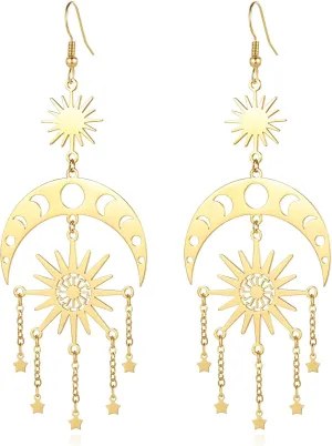 Sun and Moon Star Chandelier Earrings for Women Dangle Dangly Earrings Phase Crescent Drop Dangling Earrings Stainless Steel Jewelry