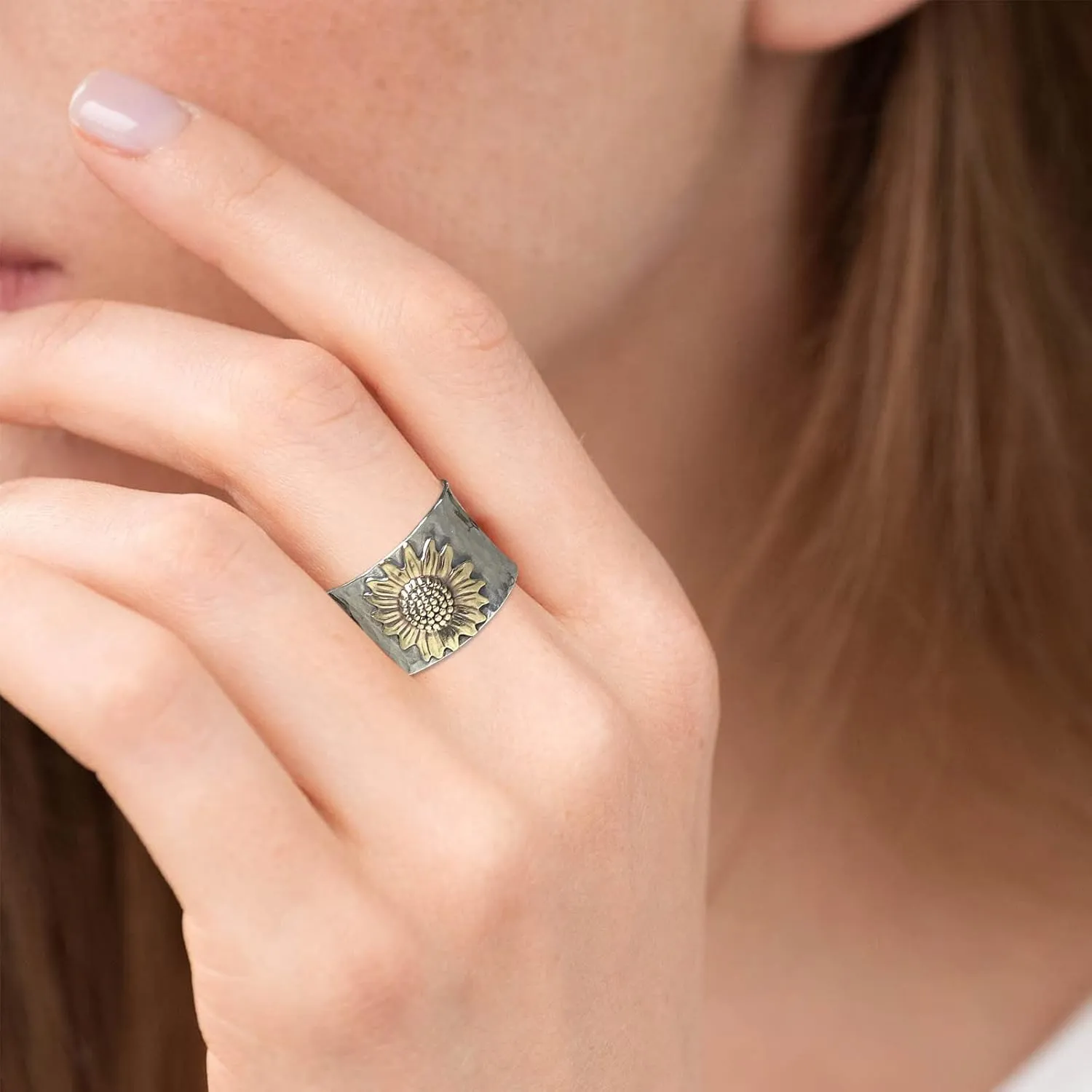 Sunflower Jewelry Silver Plated Wide Band Finger Ring for Women,Flower Chunky Ring,Floral Statement Boho Ring