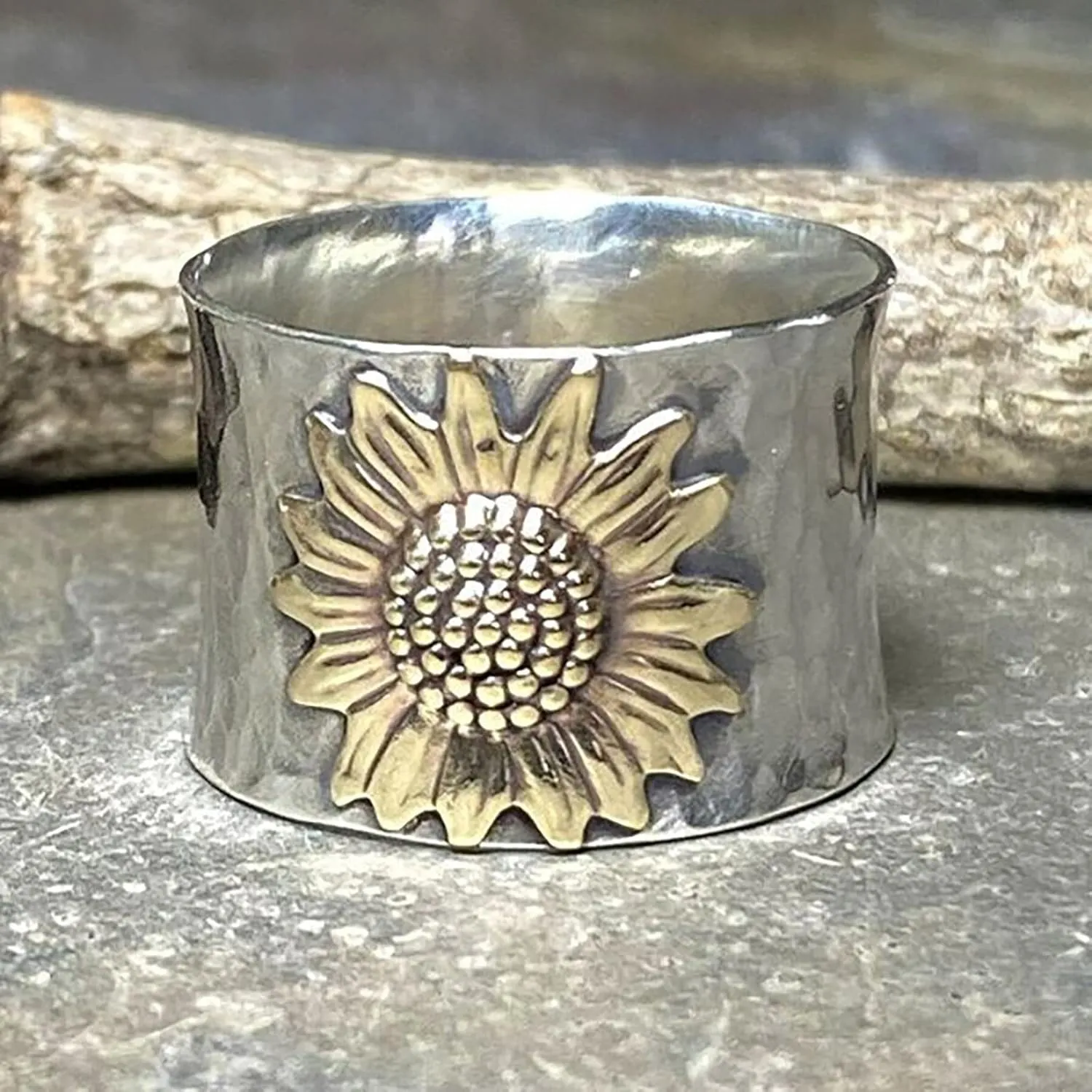 Sunflower Jewelry Silver Plated Wide Band Finger Ring for Women,Flower Chunky Ring,Floral Statement Boho Ring