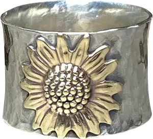 Sunflower Jewelry Silver Plated Wide Band Finger Ring for Women,Flower Chunky Ring,Floral Statement Boho Ring