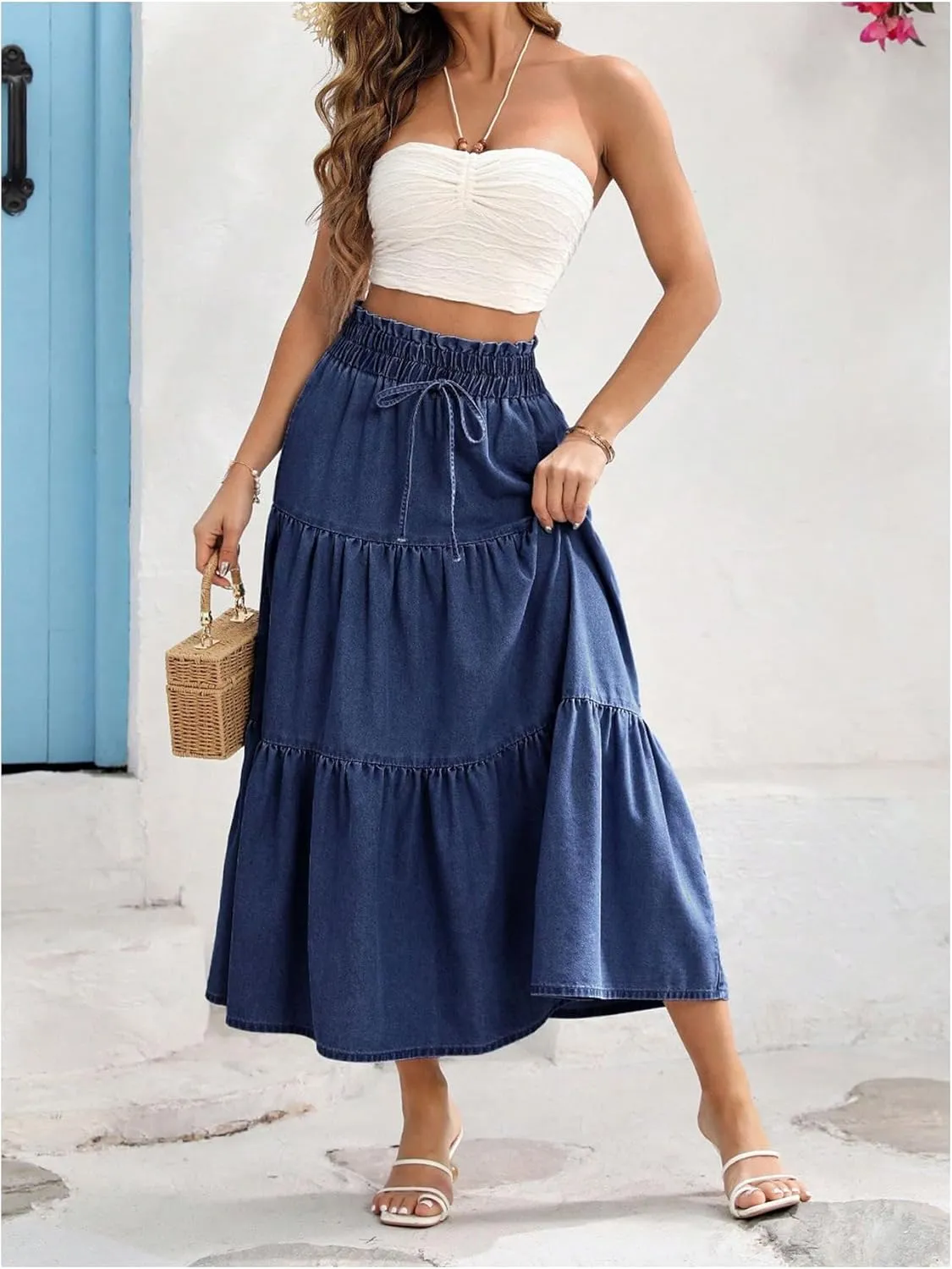 SweatyRocks Women's Ruffle Midi Skirt High Waist Bow Decor Ruffled Denim Long Skirts