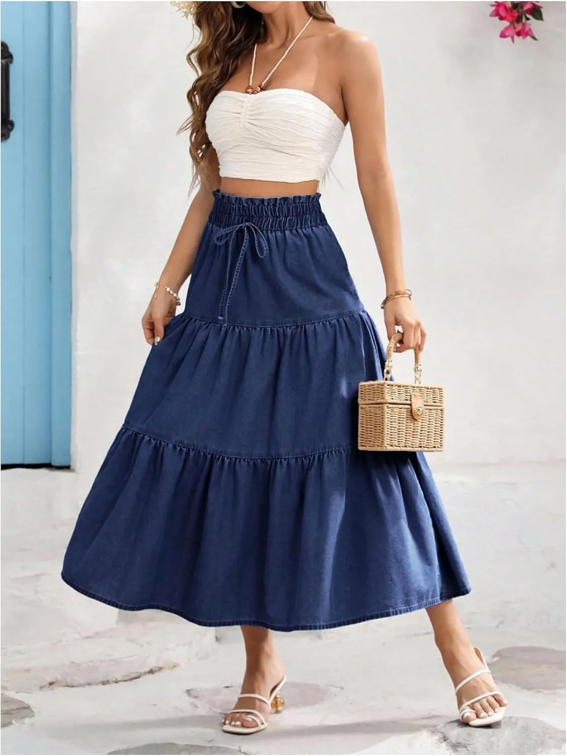 SweatyRocks Women's Ruffle Midi Skirt High Waist Bow Decor Ruffled Denim Long Skirts