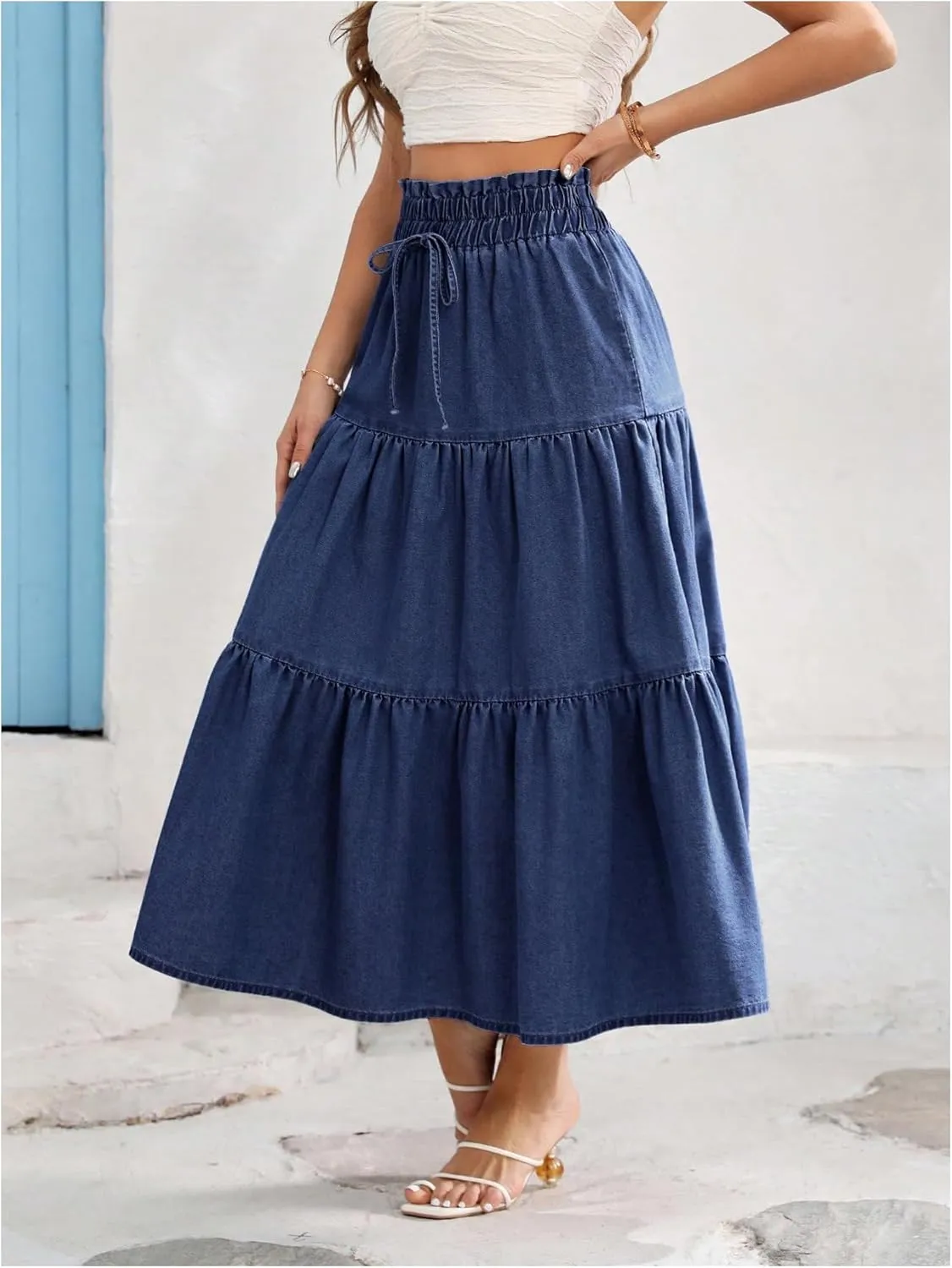 SweatyRocks Women's Ruffle Midi Skirt High Waist Bow Decor Ruffled Denim Long Skirts