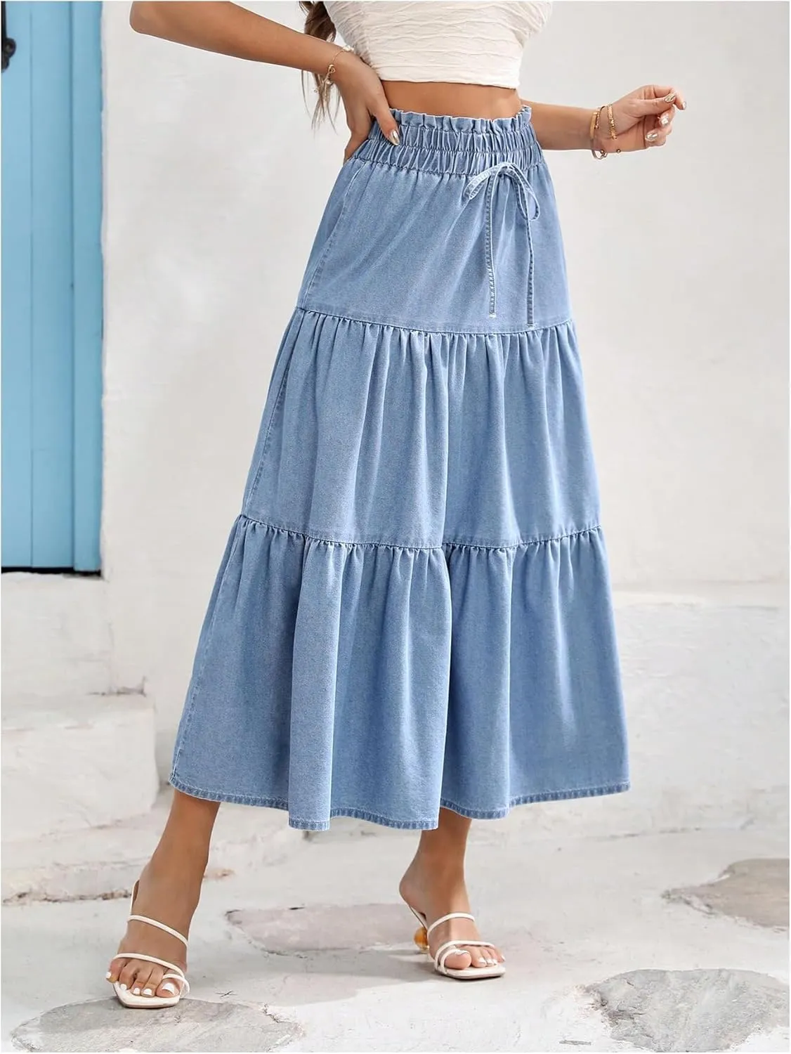SweatyRocks Women's Ruffle Midi Skirt High Waist Bow Decor Ruffled Denim Long Skirts
