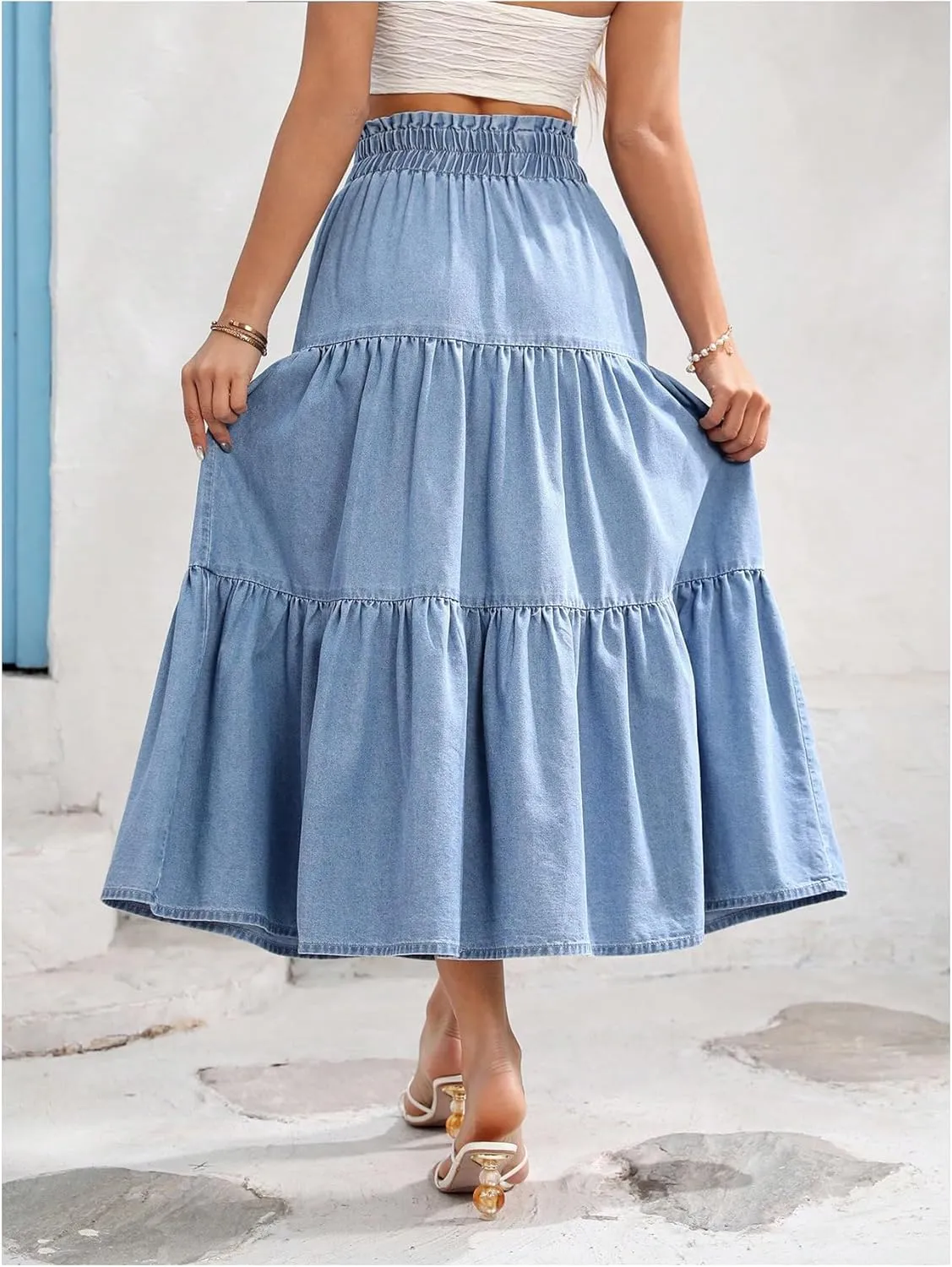 SweatyRocks Women's Ruffle Midi Skirt High Waist Bow Decor Ruffled Denim Long Skirts