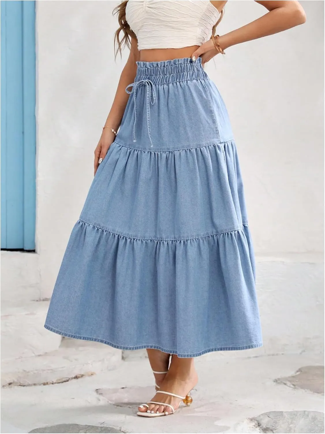 SweatyRocks Women's Ruffle Midi Skirt High Waist Bow Decor Ruffled Denim Long Skirts