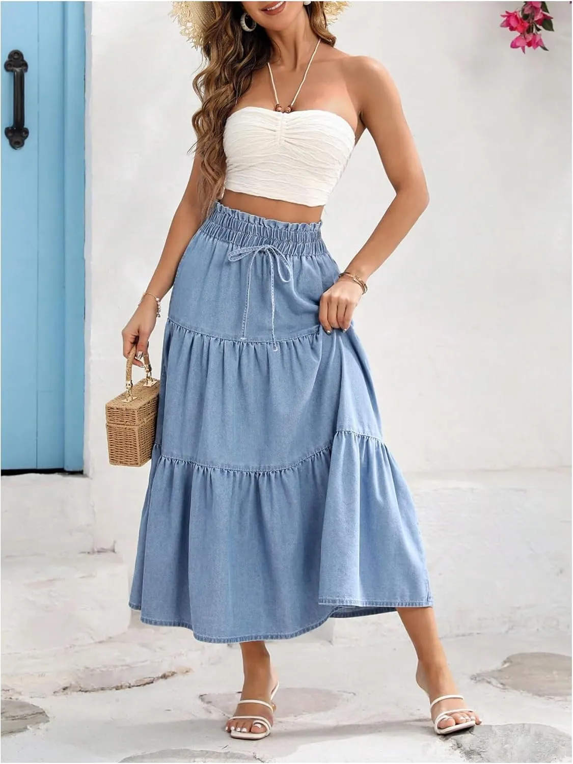 SweatyRocks Women's Ruffle Midi Skirt High Waist Bow Decor Ruffled Denim Long Skirts