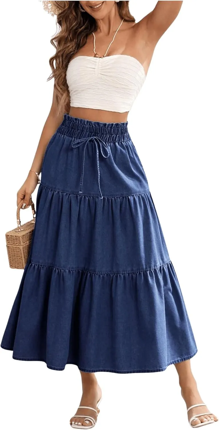 SweatyRocks Women's Ruffle Midi Skirt High Waist Bow Decor Ruffled Denim Long Skirts